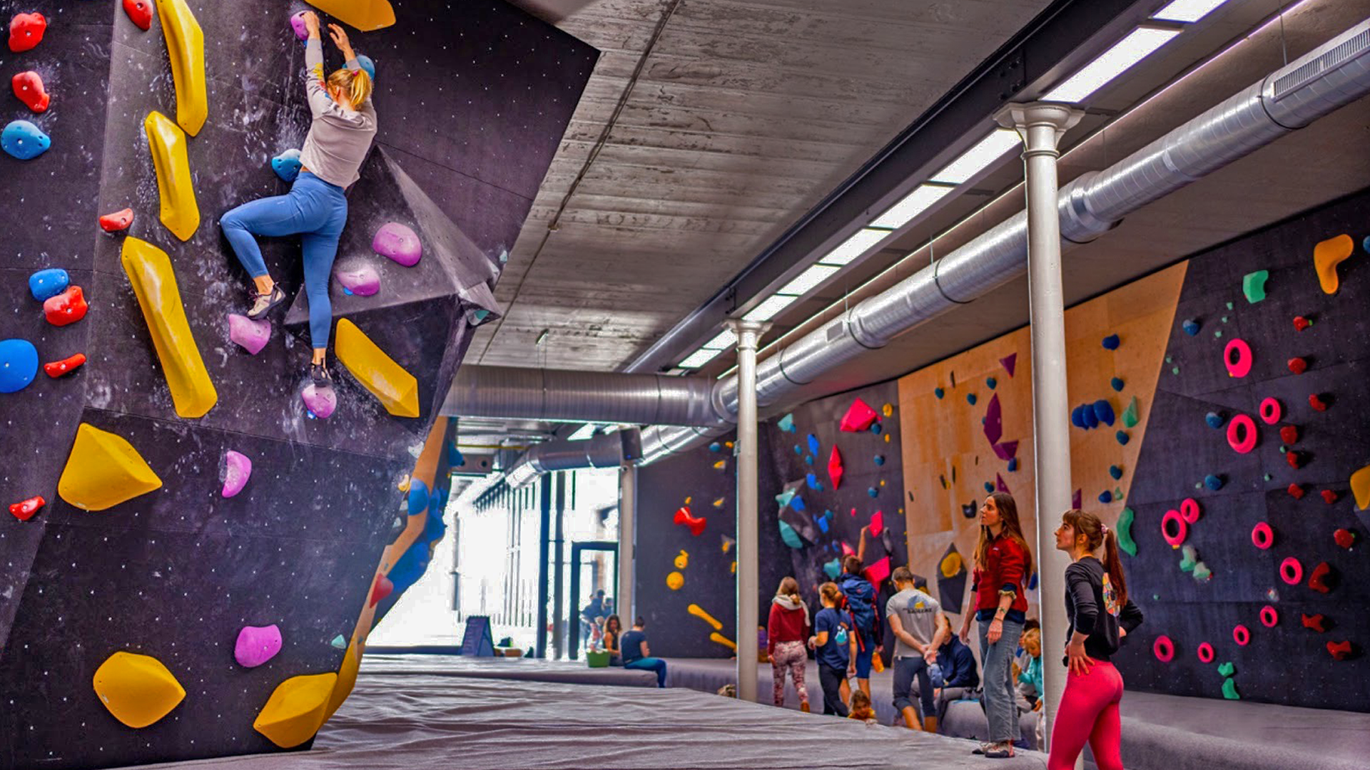 Prijzen praktische info walden Gent: Klimmers in actie op de bouldermuren van Walden Gent, wat de sportieve sfeer en de faciliteiten van de klimzaal toont.